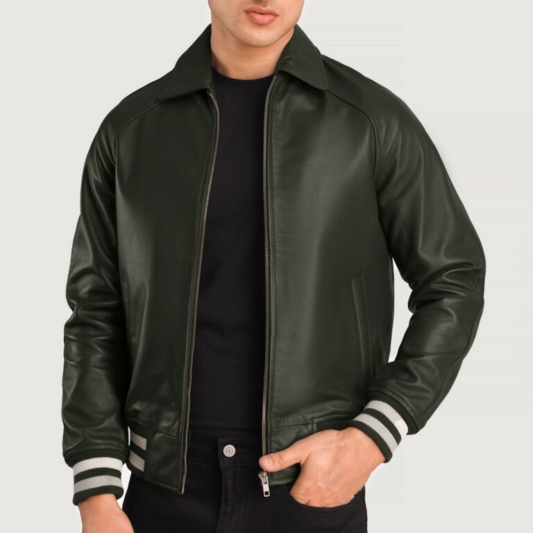 Mens Walton Green Leather Varsity Jacket Open Front-4-1704120344597